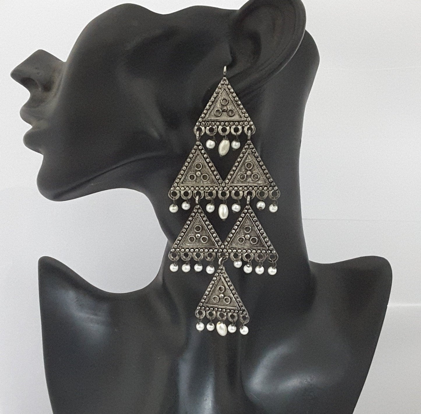 Moonstruck Oxidized Traditional Indian Triangle Dangle Statement Earrings For Women - www.MoonstruckINC.com