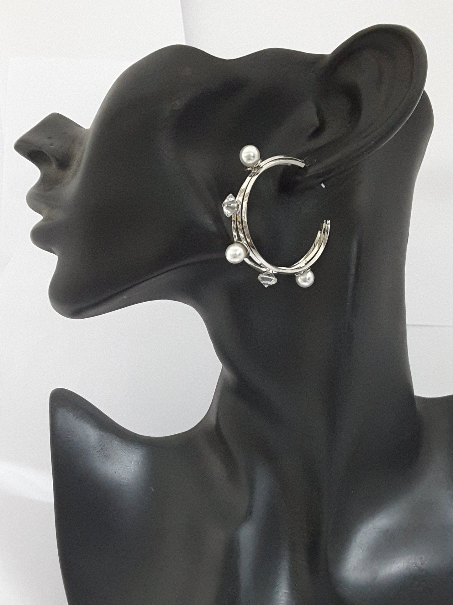 Moonstruck Pearl and Diamond Silver Hoop Earrings for Women - www.MoonstruckINC.com
