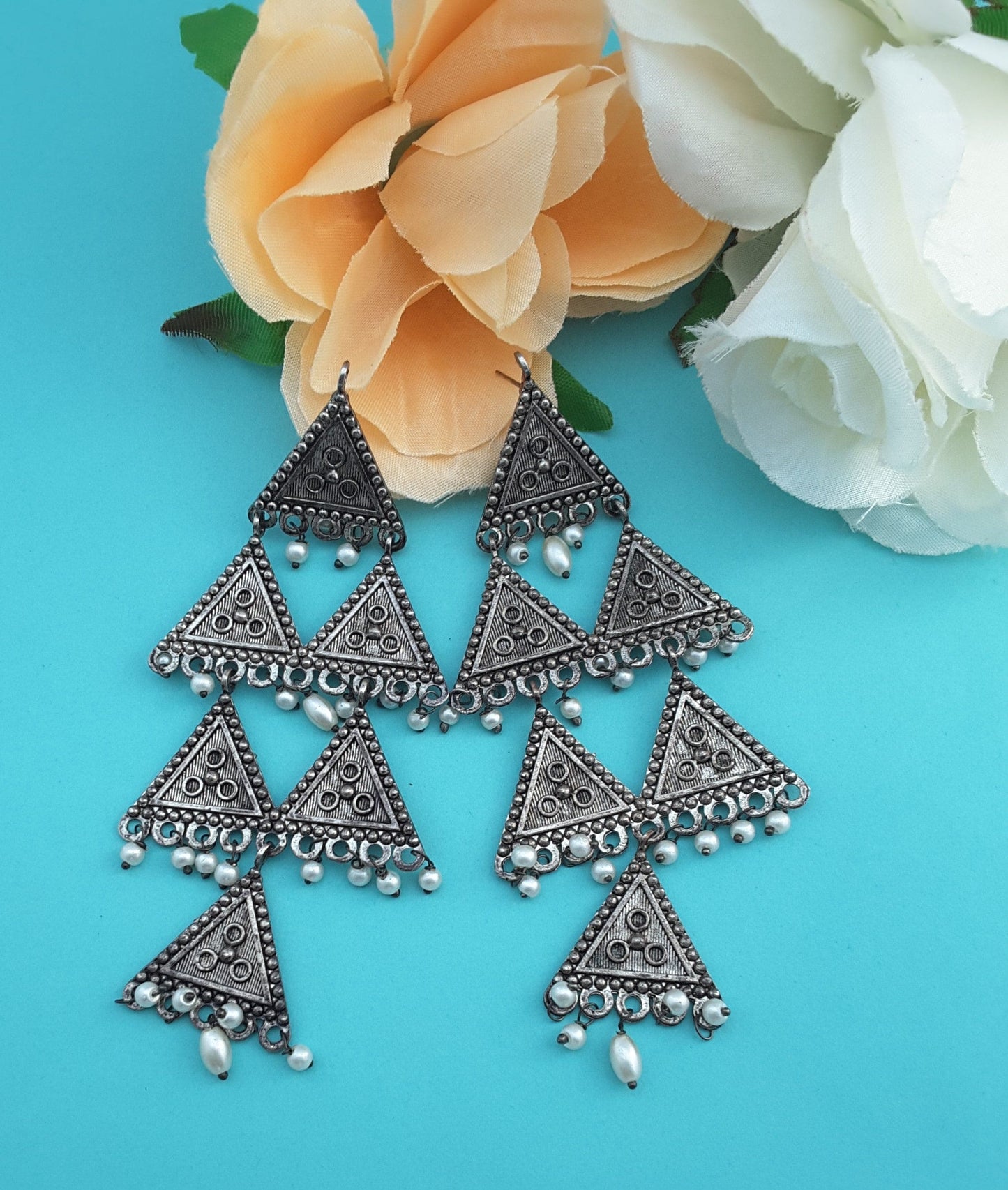Moonstruck Oxidized Traditional Indian Triangle Dangle Statement Earrings For Women - www.MoonstruckINC.com
