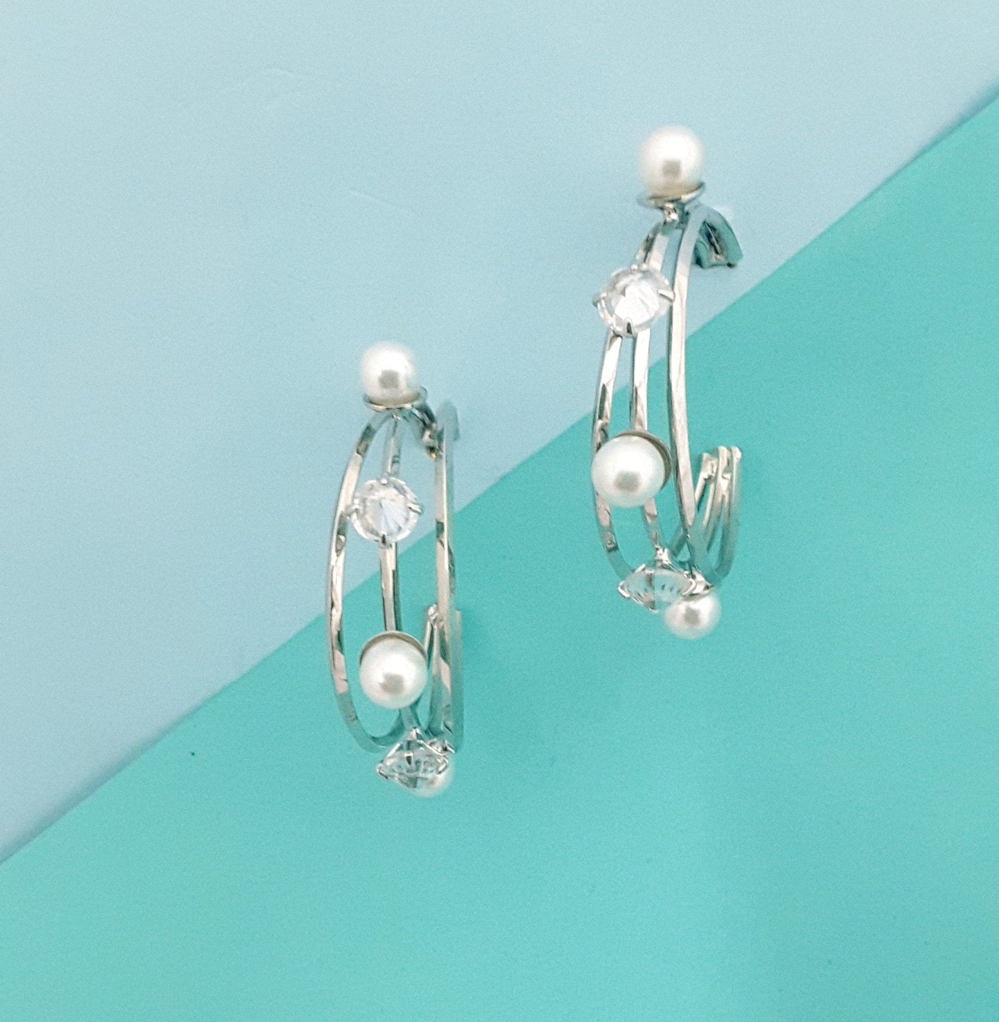 Moonstruck Pearl and Diamond Silver Hoop Earrings for Women - www.MoonstruckINC.com