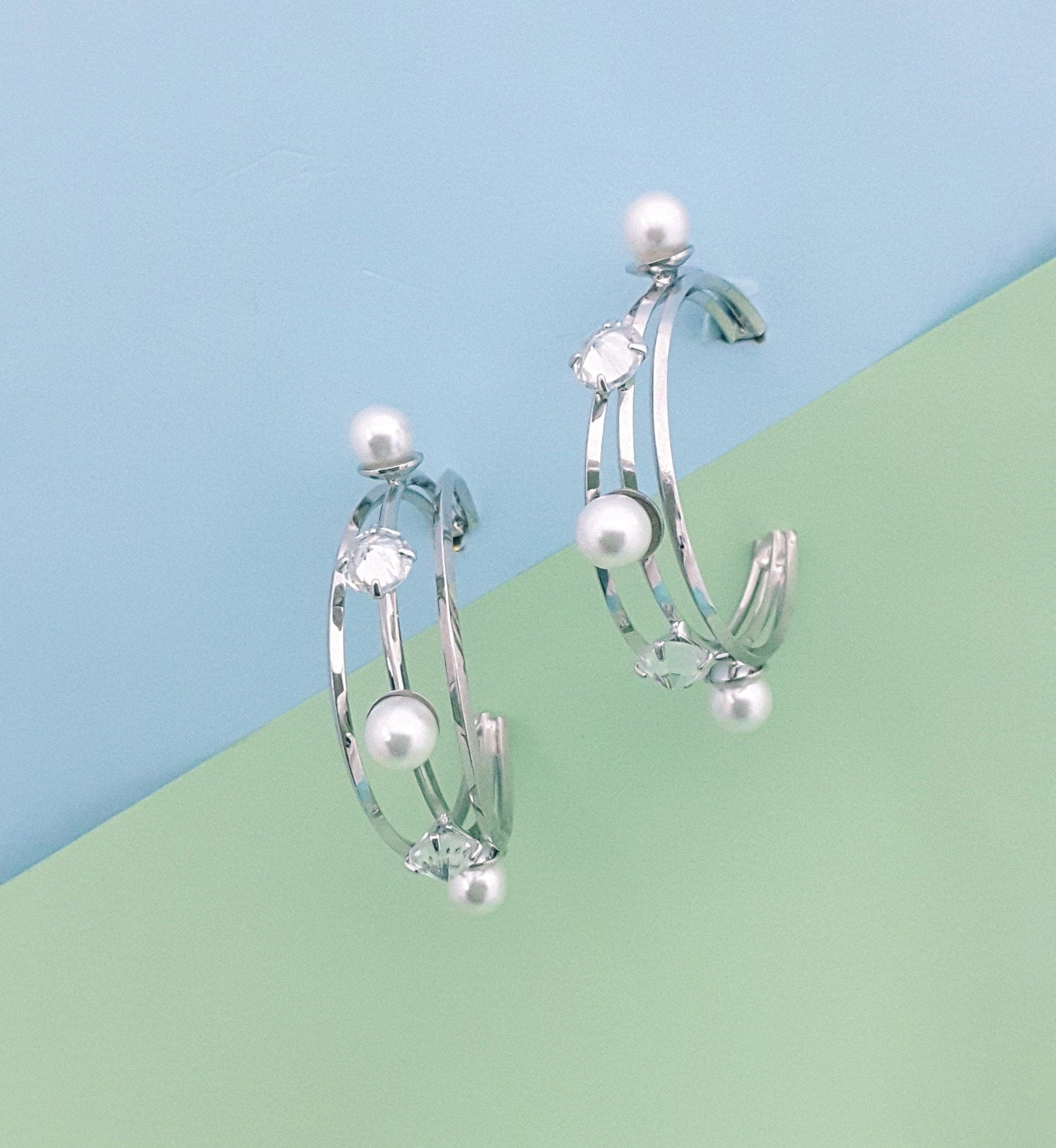 Moonstruck Pearl and Diamond Silver Hoop Earrings for Women - www.MoonstruckINC.com