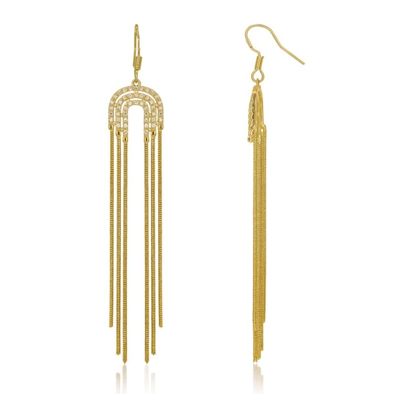 Moonstruck Fashion Jewellery Luxe Gold Arch Fringe Earrings for Women - Elegant Cubic Zirconia Dangle Jewelry for Party, Wedding, Evening Wear, Statement Accessories