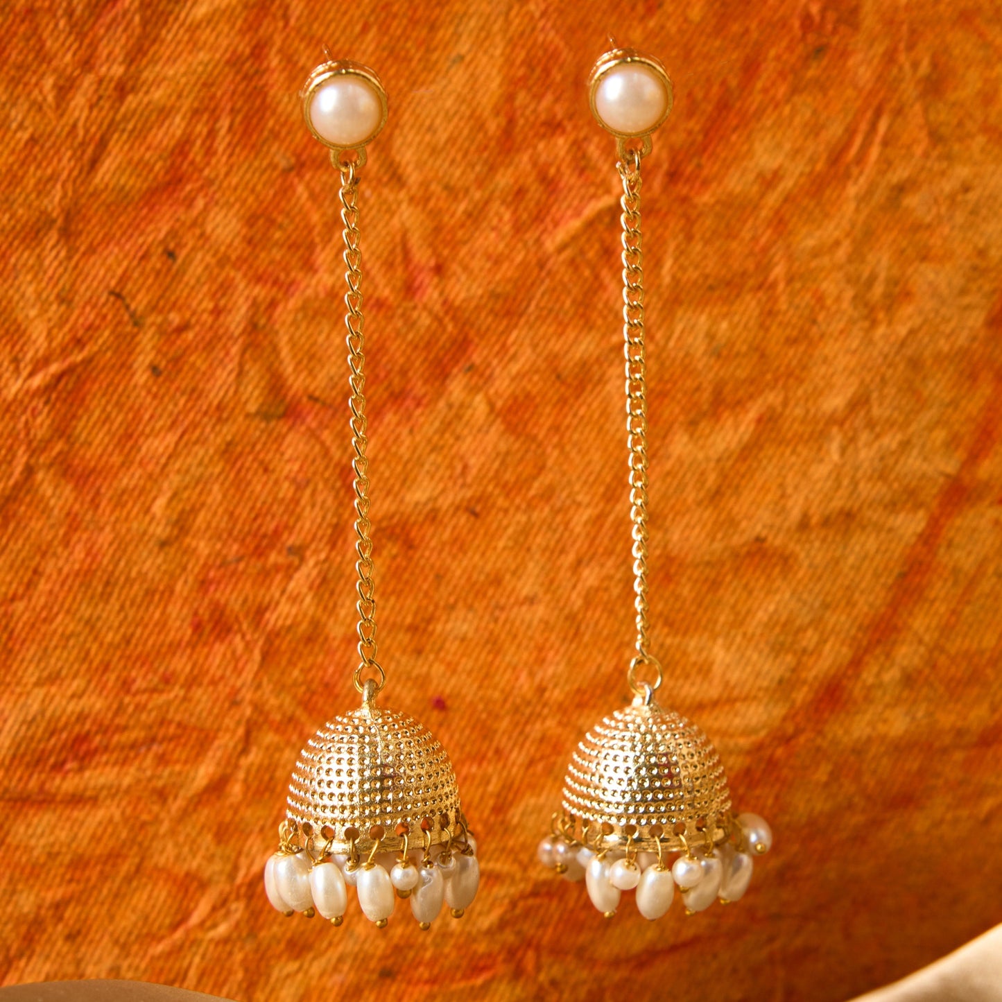 MoonStruck Traditional Non-precious Metal Alloy and Pearl Long Drop Chain Dangler Pearl Jhumka for Women & Girls, Plain Gold - www.MoonstruckINC.com