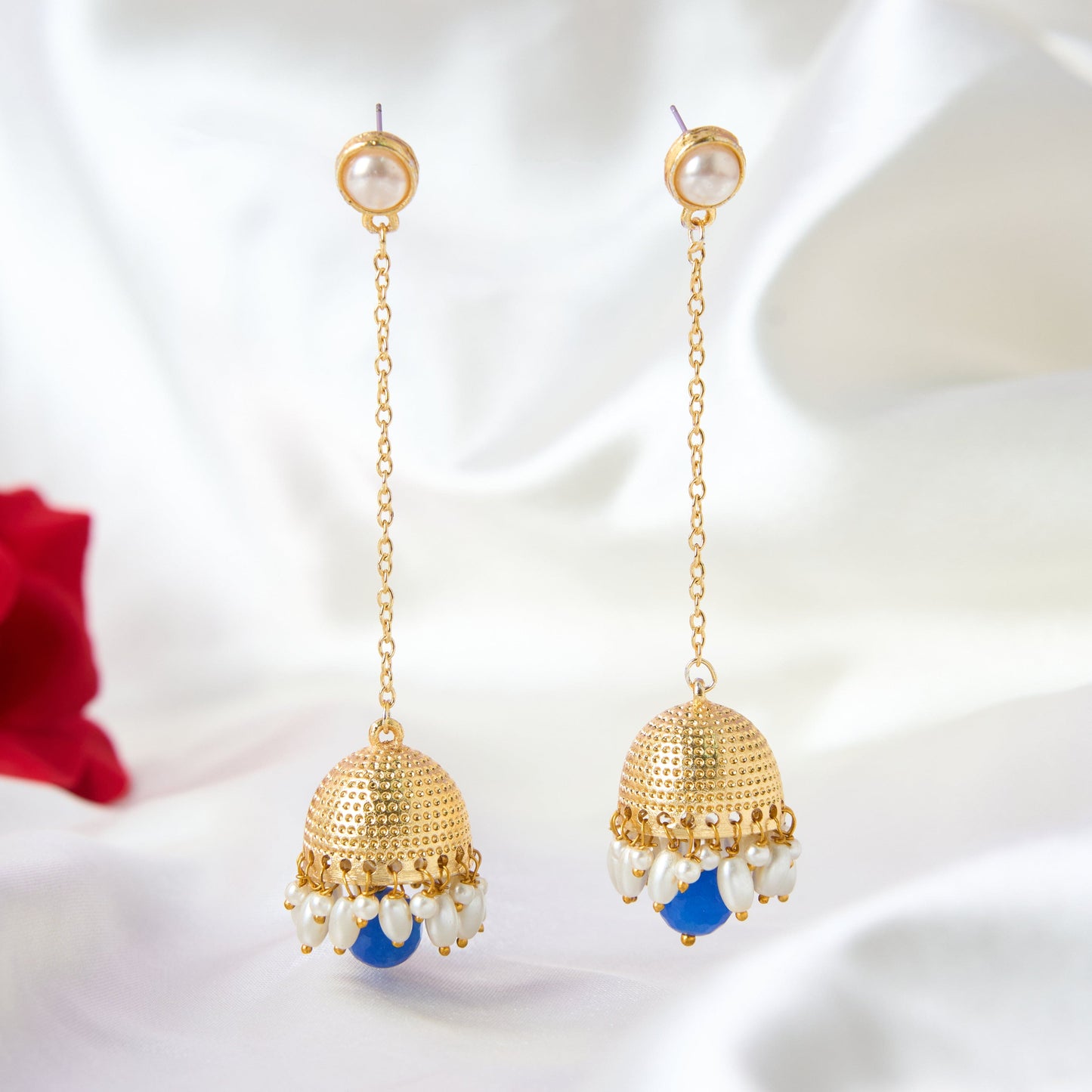MoonStruck Traditional Non-precious Metal Alloy and Pearl Long Drop Chain Dangler Pearl Jhumka for Women & Girls, Blue - www.MoonstruckINC.com