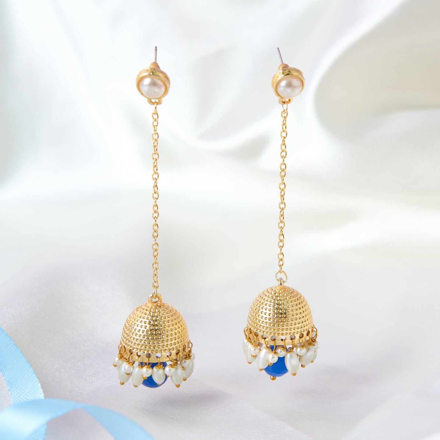 MoonStruck Traditional Non-precious Metal Alloy and Pearl Long Drop Chain Dangler Pearl Jhumka for Women & Girls, Blue - www.MoonstruckINC.com