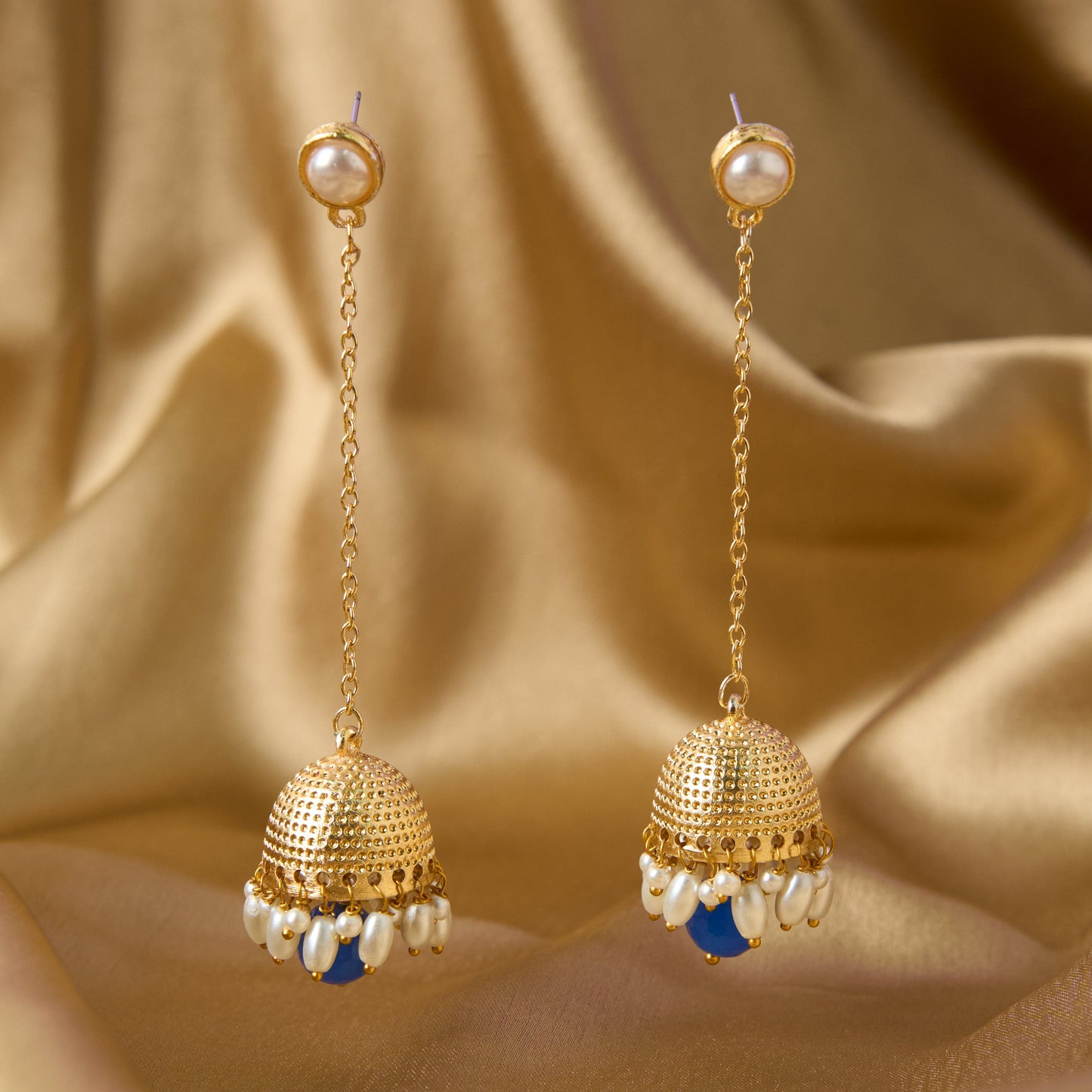 MoonStruck Traditional Non-precious Metal Alloy and Pearl Long Drop Chain Dangler Pearl Jhumka for Women & Girls, Blue - www.MoonstruckINC.com