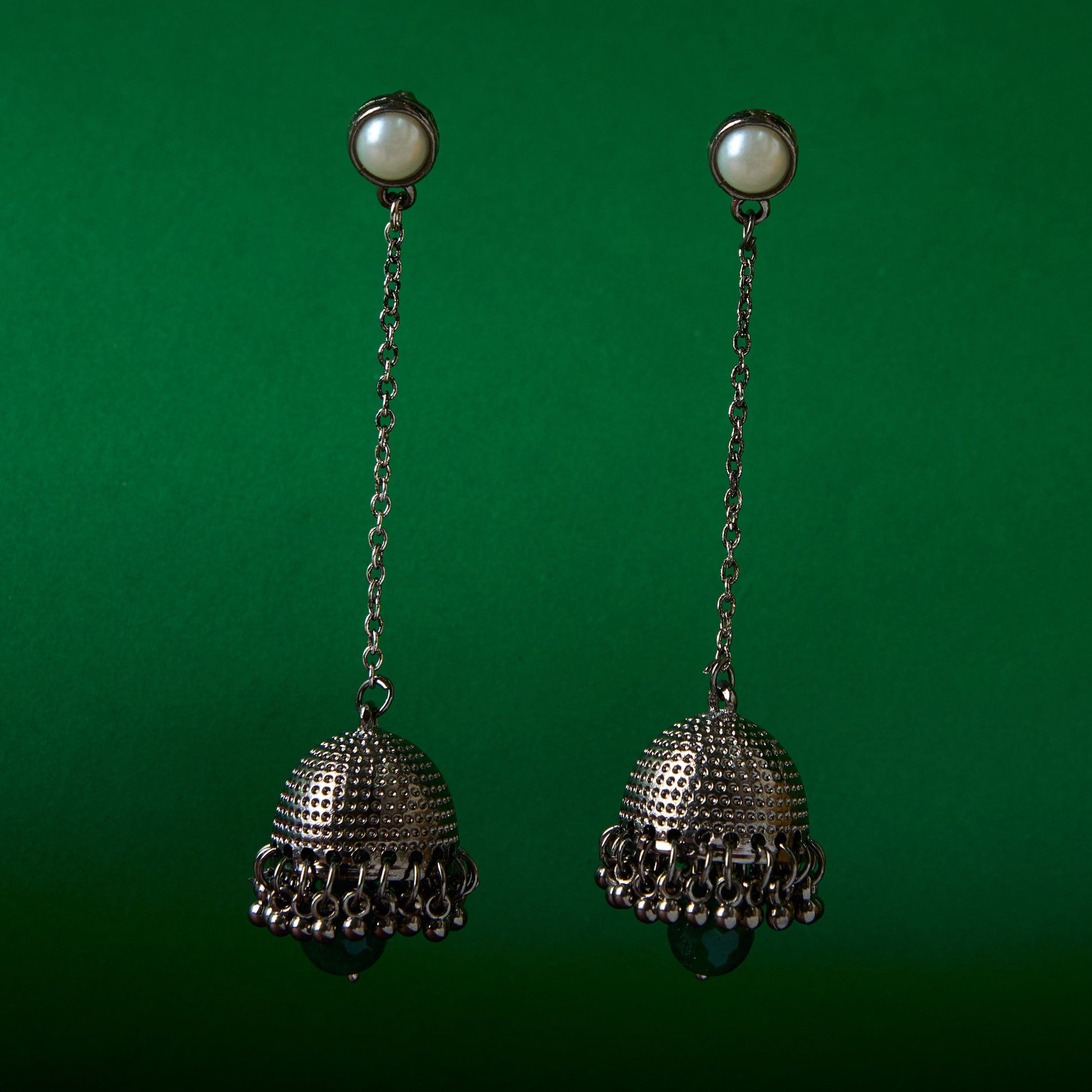 Moonstruck Traditional Oxidised Long Drop Chain Dangler Beaded Jhumka Earring for Women Girls (Green) - www.MoonstruckINC.com