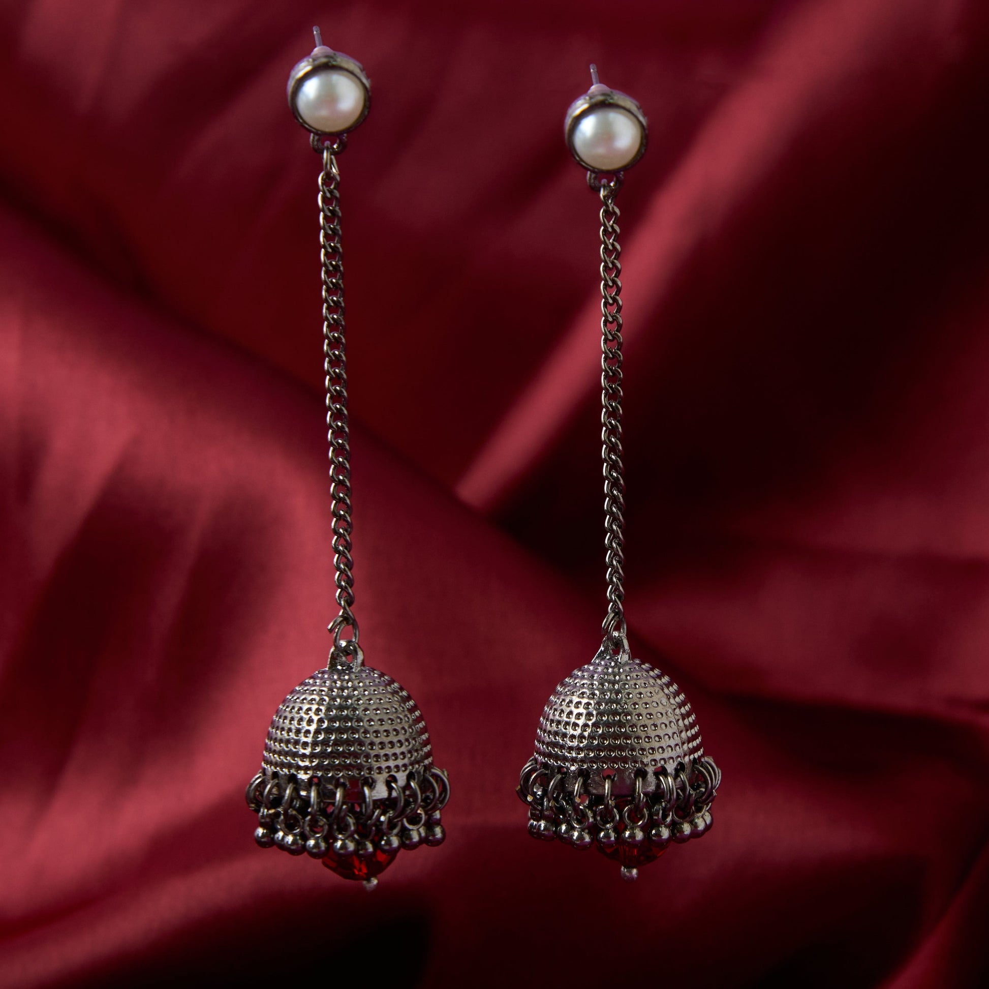 Moonstruck Traditional Oxidised Long Drop Chain Dangler Beaded Jhumka Earring for Women Girls (Maroon) - www.MoonstruckINC.com