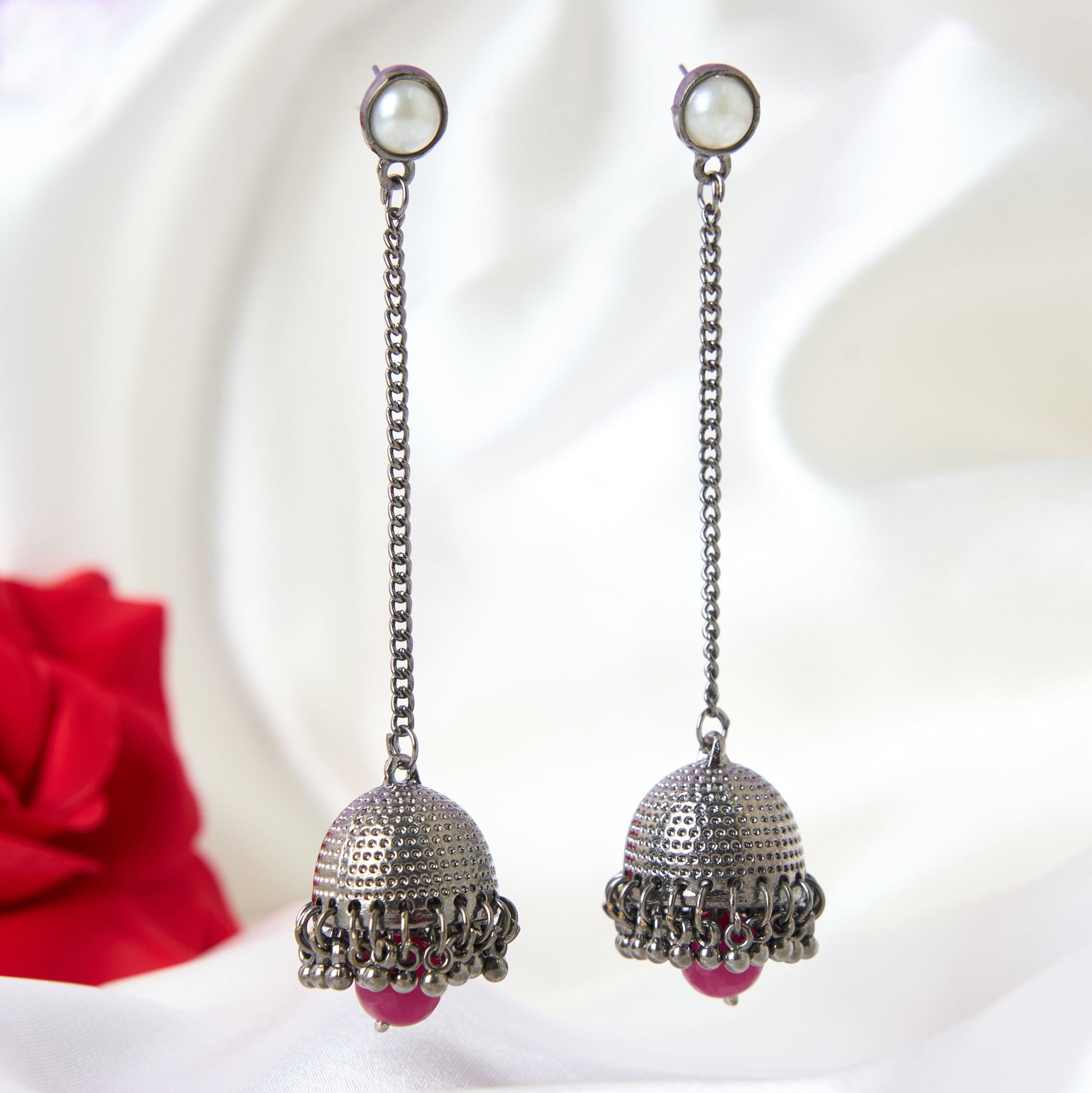 Moonstruck Traditional Oxidised Long Drop Chain Dangler Beaded Jhumka Earring for Women Girls (Rani Pink) - www.MoonstruckINC.com