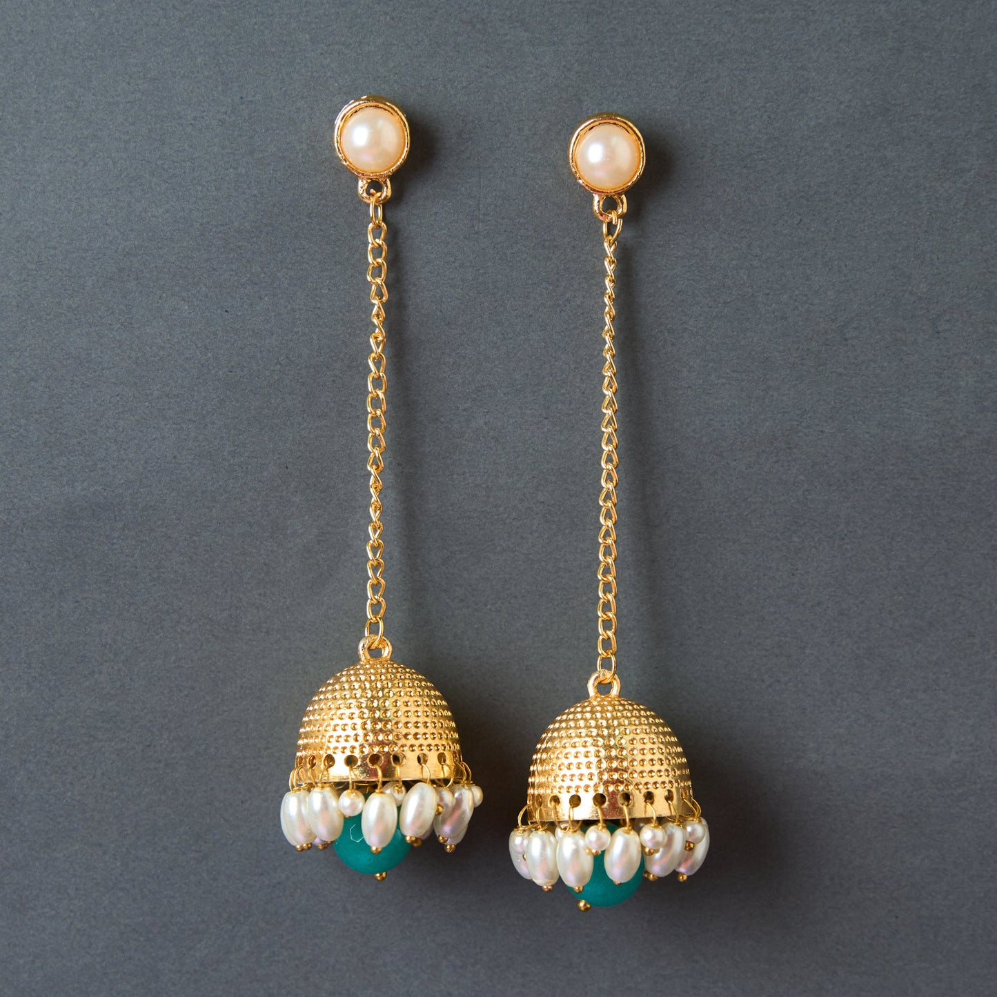 MoonStruck Traditional Non-precious Metal Alloy and Pearl Long Drop Chain Dangler Pearl Jhumka for Women & Girls, Green - www.MoonstruckINC.com
