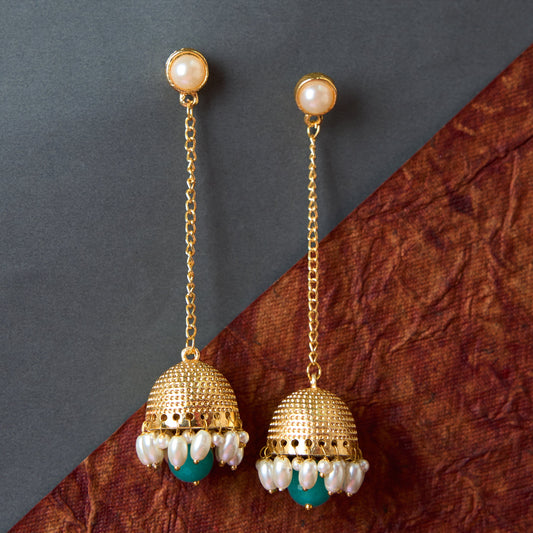 MoonStruck Traditional Non-precious Metal Alloy and Pearl Long Drop Chain Dangler Pearl Jhumka for Women & Girls, Green - www.MoonstruckINC.com