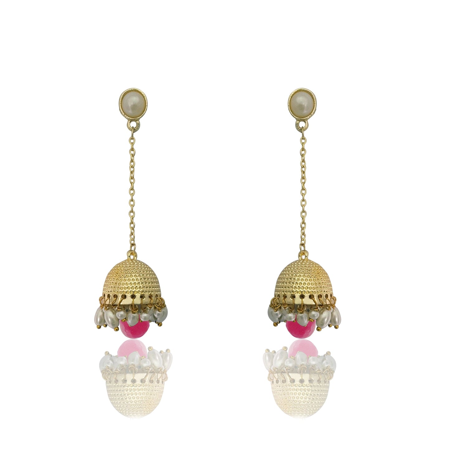 MoonStruck Traditional Non-precious Metal Alloy and Pearl Long Drop Chain Dangler Pearl Jhumka for Women & Girls, Rani Pink - www.MoonstruckINC.com