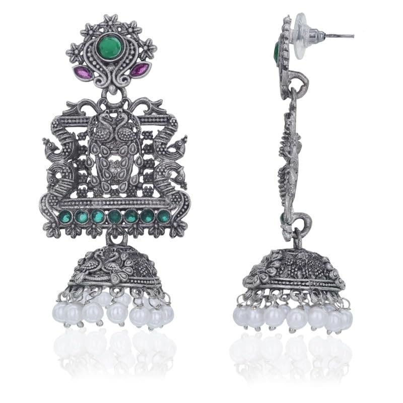 Moonstruck Fashion Jewellery Oxidized Silver Jhumka Earrings with Green & Pink Stones, Pearl Fringe - Traditional Temple Style Peacock Earrings for Women, Ideal for Weddings, Ethnic Wear