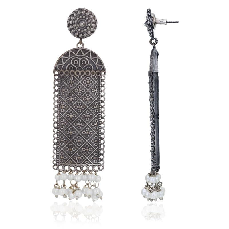 Moonstruck Fashion Jewellery Oxidized Silver Dangle Earrings with Pearl Accents - Lightweight Bohemian Statement Earrings for Women, Ideal for Weddings, Festivals, Ethnic Outfits