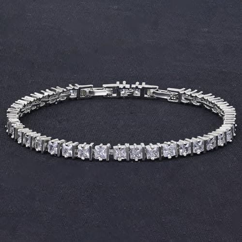 Moonstruck Fashion Jewellery Cubic Zirconia Silver Tennis Bracelet with Princess Cut Stones - Elegant Statement Women Jewelry for Party, Wedding, Evening Wear, Secure Design