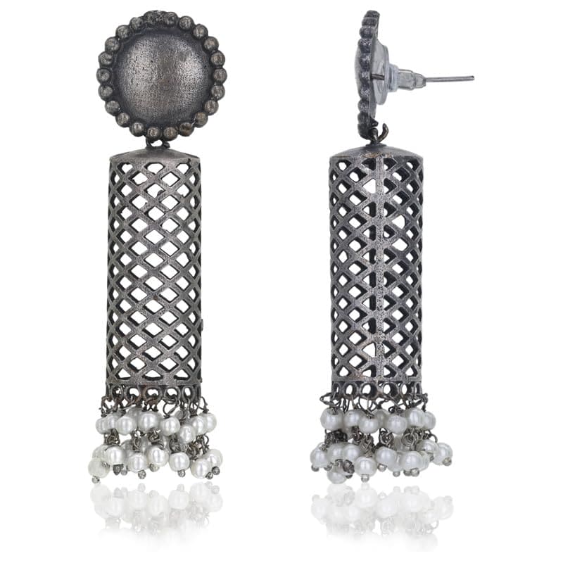 Moonstruck Fashion Jewellery Oxidized Silver Dangle Earrings with Pearl Fringe - Vintage Tribal Earrings for Women, Perfect for Ethnic Outfits, Festivals, Boho Style
