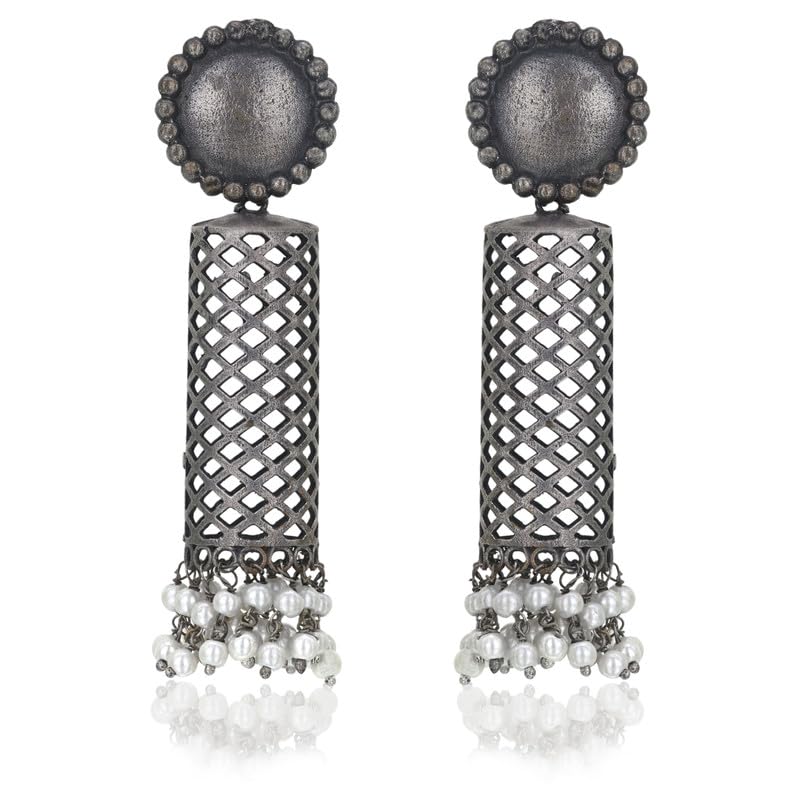 Moonstruck Fashion Jewellery Oxidized Silver Dangle Earrings with Pearl Fringe - Vintage Tribal Earrings for Women, Perfect for Ethnic Outfits, Festivals, Boho Style