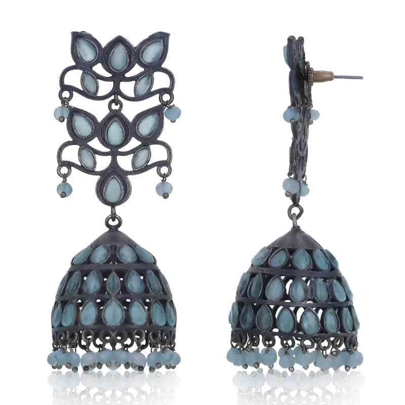 Moonstruck Fashion Jewellery Oxidized Silver Jhumka Earrings with Light Green Stones - Elegant Chandbali Earrings for Women, Perfect for Weddings, Ethnic Outfits, Festive Looks