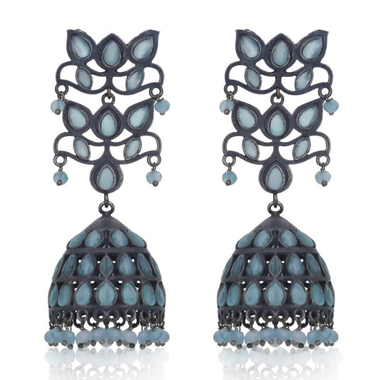 Moonstruck Fashion Jewellery Oxidized Silver Jhumka Earrings with Light Green Stones - Elegant Chandbali Earrings for Women, Perfect for Weddings, Ethnic Outfits, Festive Looks