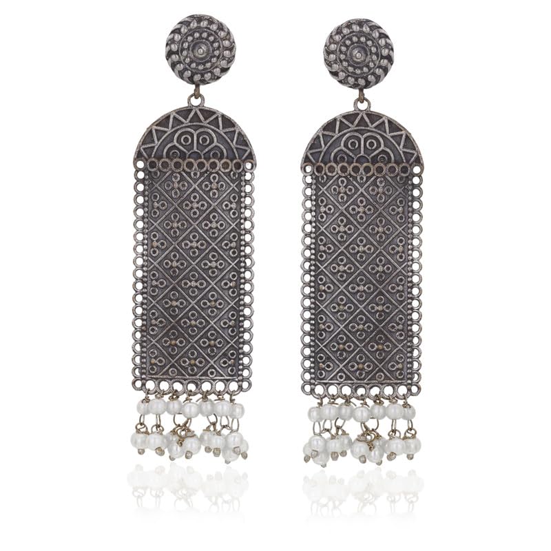 Moonstruck Fashion Jewellery Oxidized Silver Dangle Earrings with Pearl Accents - Lightweight Bohemian Statement Earrings for Women, Ideal for Weddings, Festivals, Ethnic Outfits