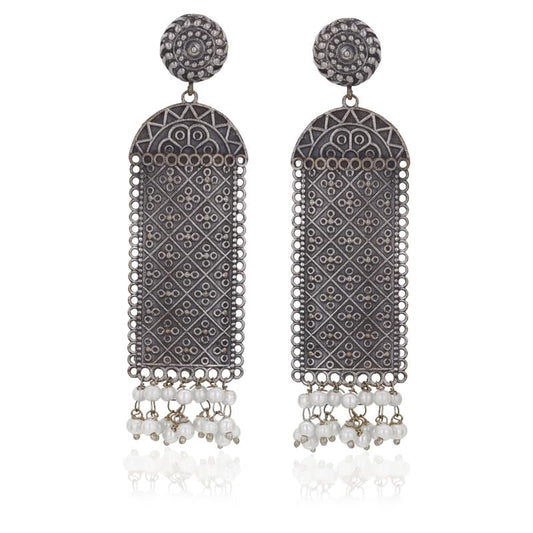 Moonstruck Fashion Jewellery Oxidized Silver Dangle Earrings with Pearl Accents - Lightweight Bohemian Statement Earrings for Women, Ideal for Weddings, Festivals, Ethnic Outfits