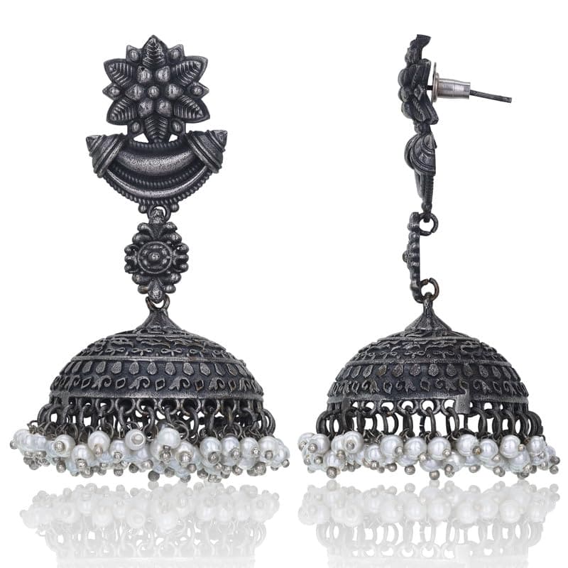 Moonstruck Fashion Jewellery Oxidized Silver Jhumka Earrings with Pearl Fringe - Traditional Indian Chandbali Earrings for Women, Perfect for Weddings, Festive Ethnic Wear
