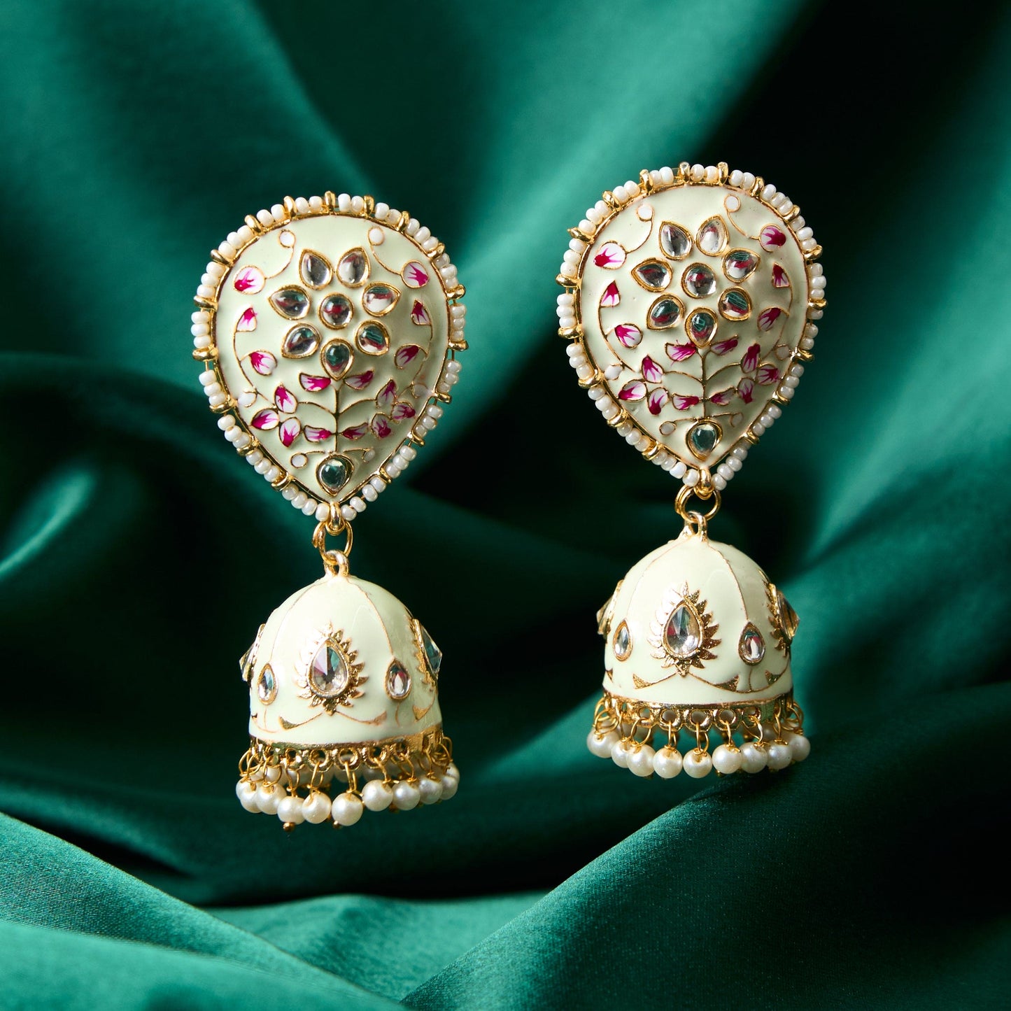 Moonstruck Traditional Indian Gold/Golden Jhumka/Jhumki Earrings With Pearls For Women (Light Green Enamel) - www.MoonstruckINC.com
