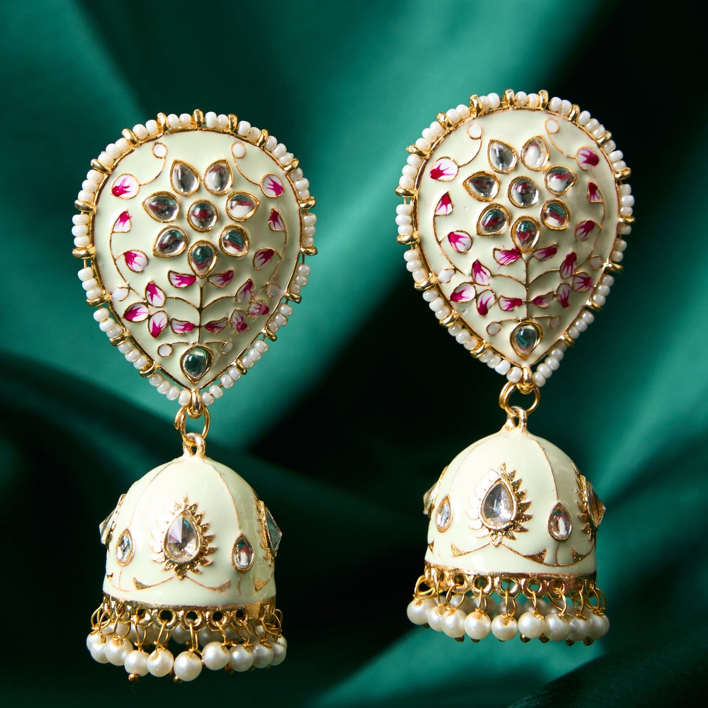 Moonstruck Traditional Indian Gold/Golden Jhumka/Jhumki Earrings With Pearls For Women (Light Green Enamel) - www.MoonstruckINC.com