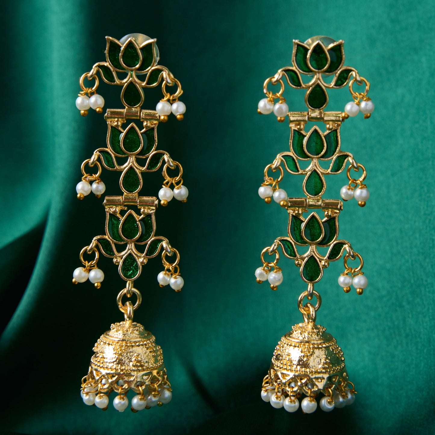 Moonstruck Traditional Indian Golden Meenakari Jhumka/Jhumki Earrings With Pearls for Women (Emerald Green) - www.MoonstruckINC.com
