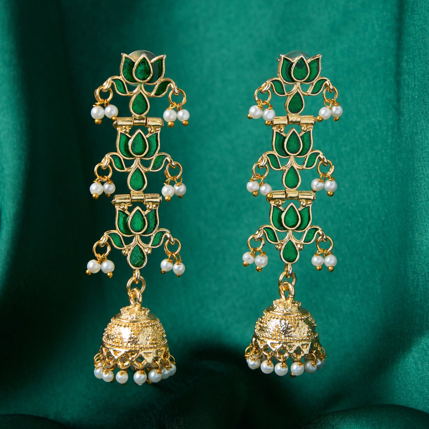 Moonstruck Traditional Indian Golden Meenakari Jhumka/Jhumki Earrings With Pearls for Women (Emerald Green) - www.MoonstruckINC.com