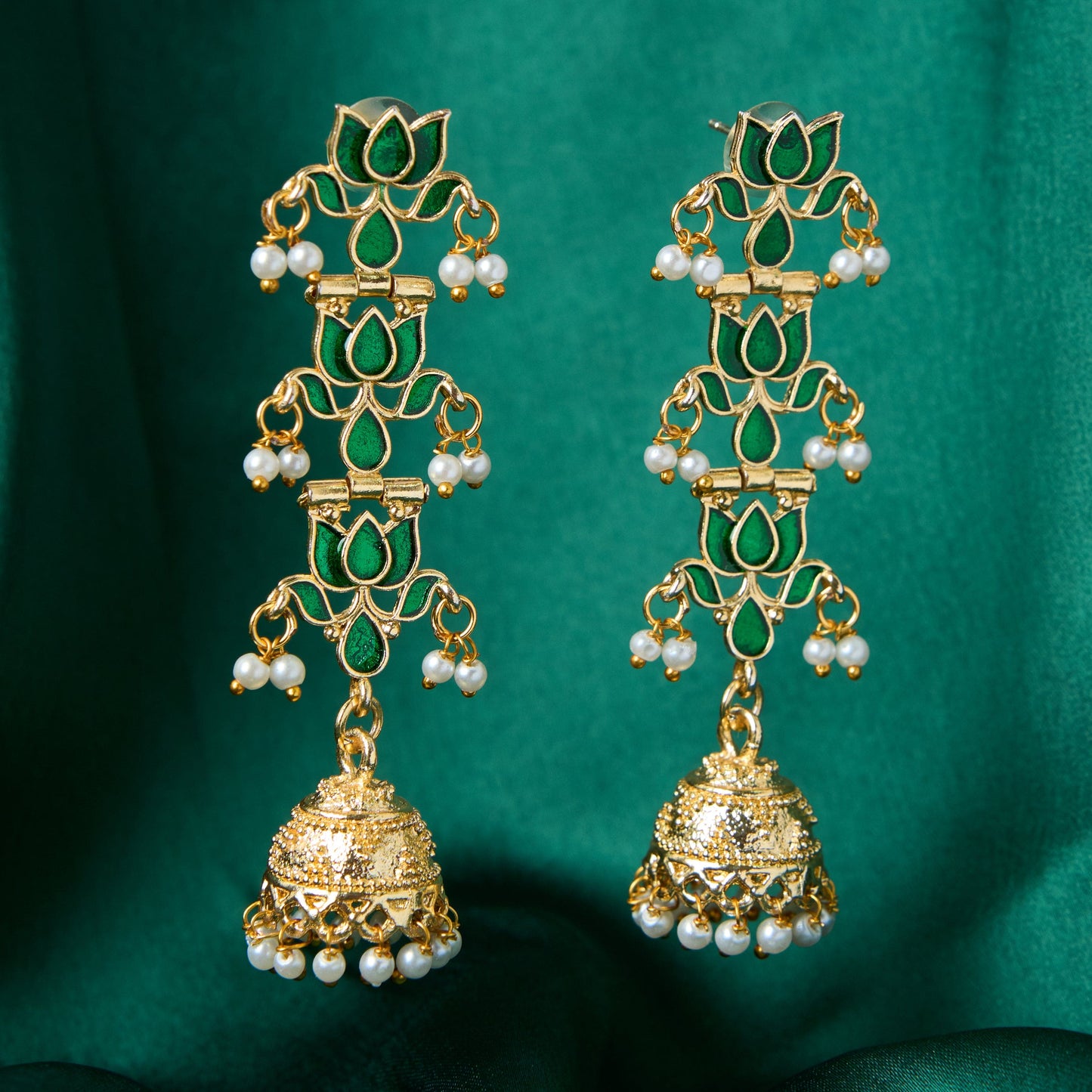 Moonstruck Traditional Indian Golden Meenakari Jhumka/Jhumki Earrings With Pearls for Women (Emerald Green) - www.MoonstruckINC.com