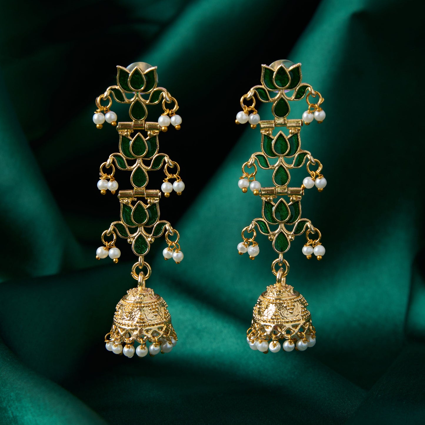 Moonstruck Traditional Indian Golden Meenakari Jhumka/Jhumki Earrings With Pearls for Women (Emerald Green) - www.MoonstruckINC.com