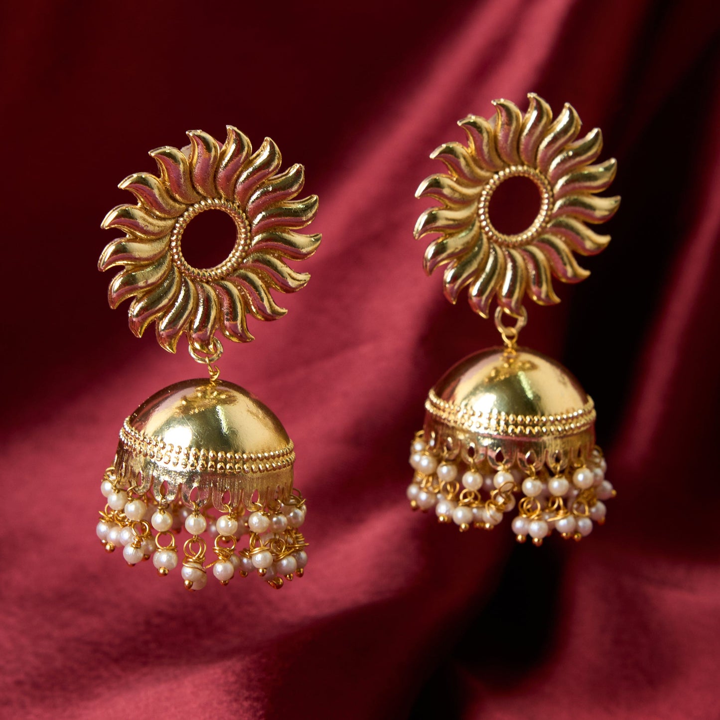 Moonstruck Traditional Indian Golden Sun Jhumka/Jhumki Earrings With Pearls for Women (Gold) - www.MoonstruckINC.com