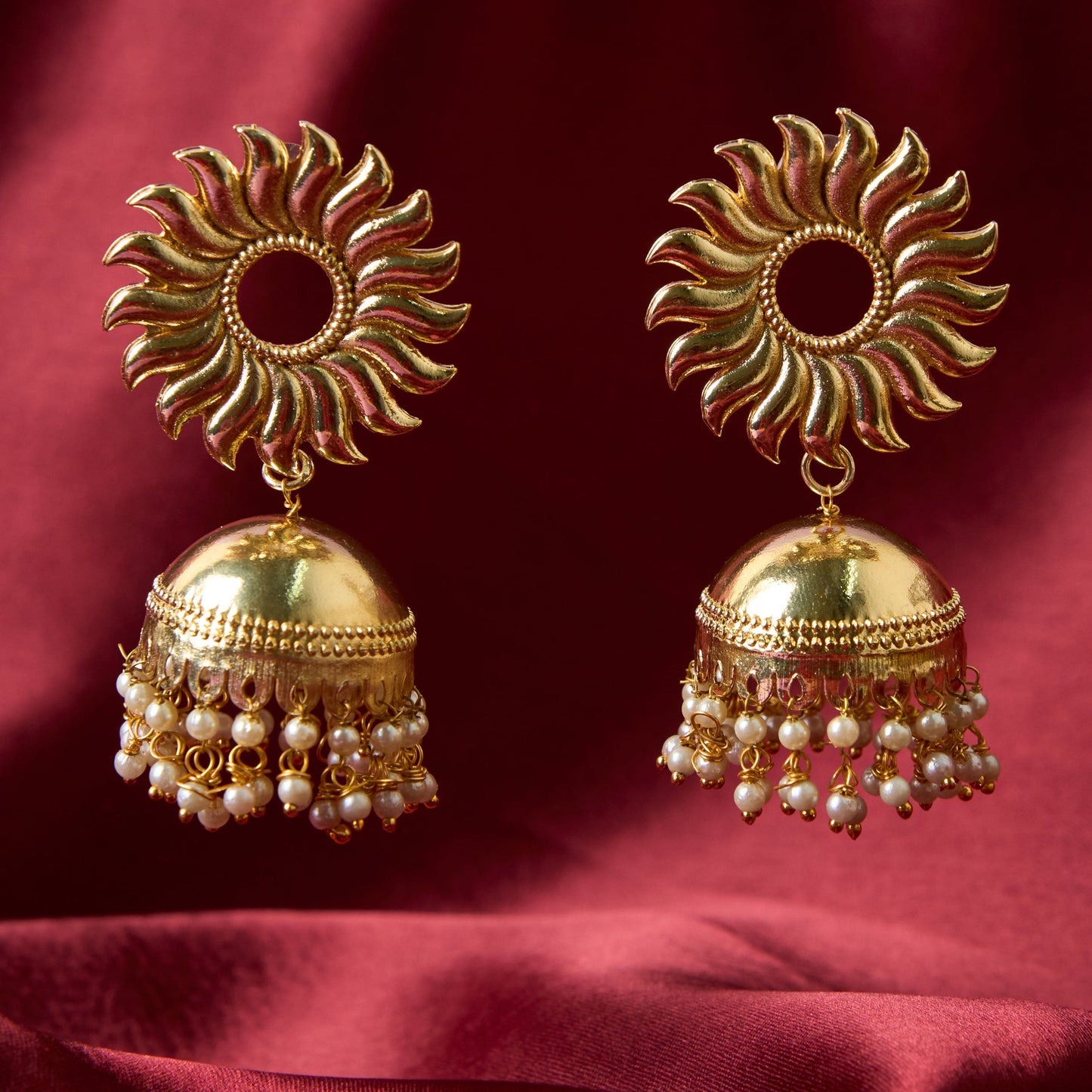 Moonstruck Traditional Indian Golden Sun Jhumka/Jhumki Earrings With Pearls for Women (Gold) - www.MoonstruckINC.com