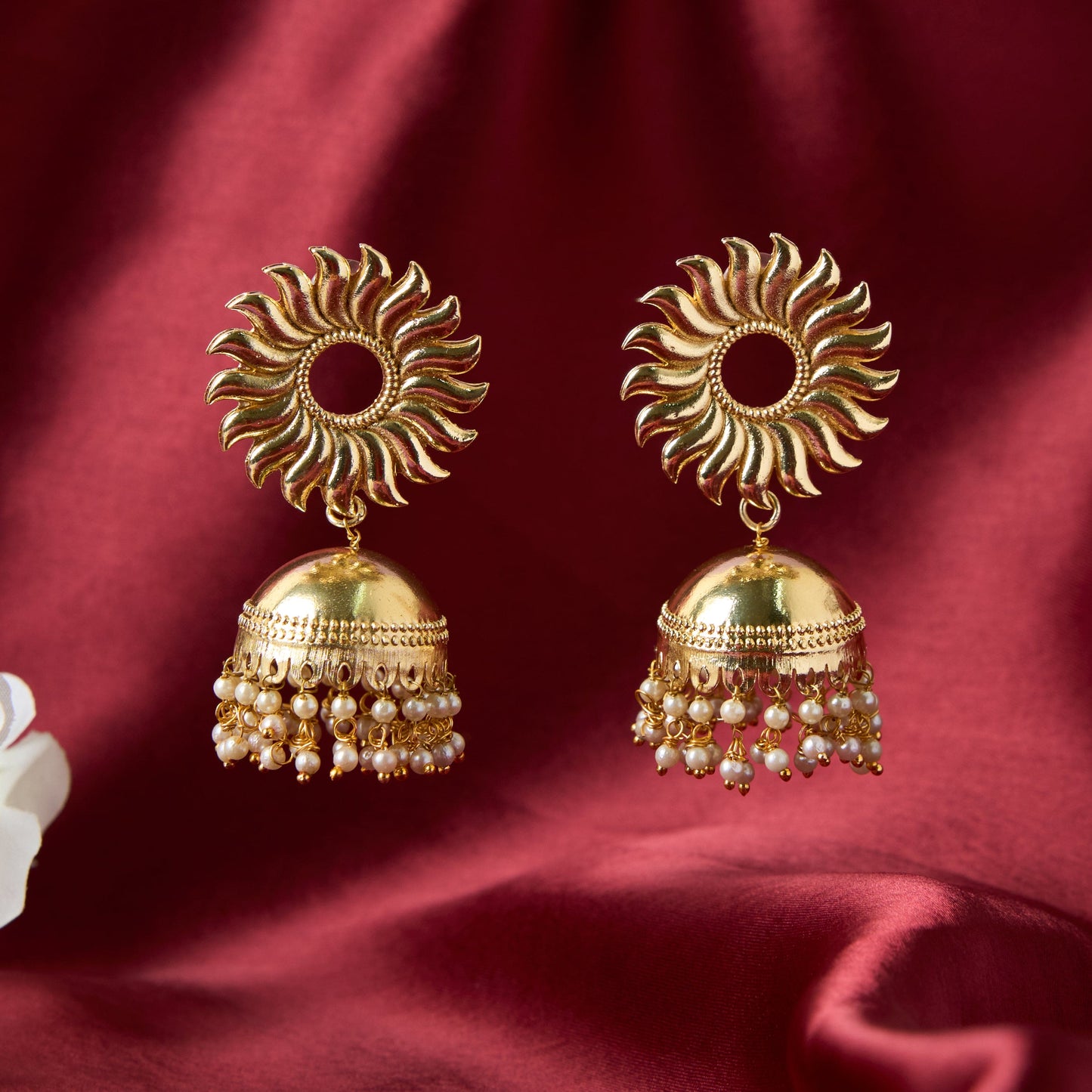 Moonstruck Traditional Indian Golden Sun Jhumka/Jhumki Earrings With Pearls for Women (Gold) - www.MoonstruckINC.com