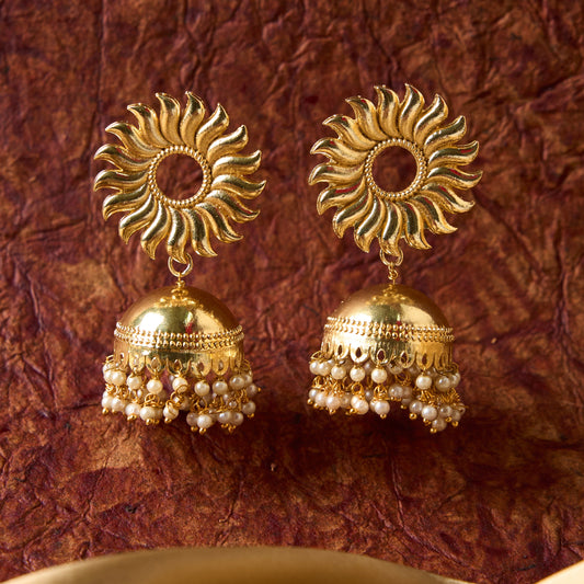 Moonstruck Traditional Indian Golden Sun Jhumka/Jhumki Earrings With Pearls for Women (Gold) - www.MoonstruckINC.com
