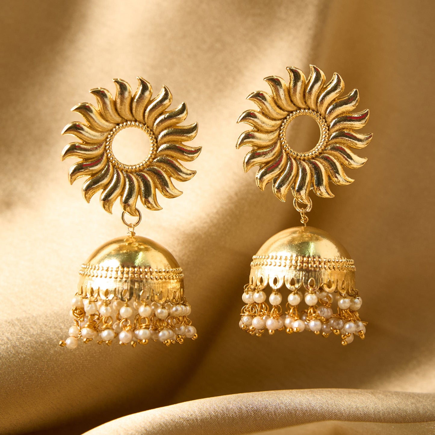 Moonstruck Traditional Indian Golden Sun Jhumka/Jhumki Earrings With Pearls for Women (Gold) - www.MoonstruckINC.com