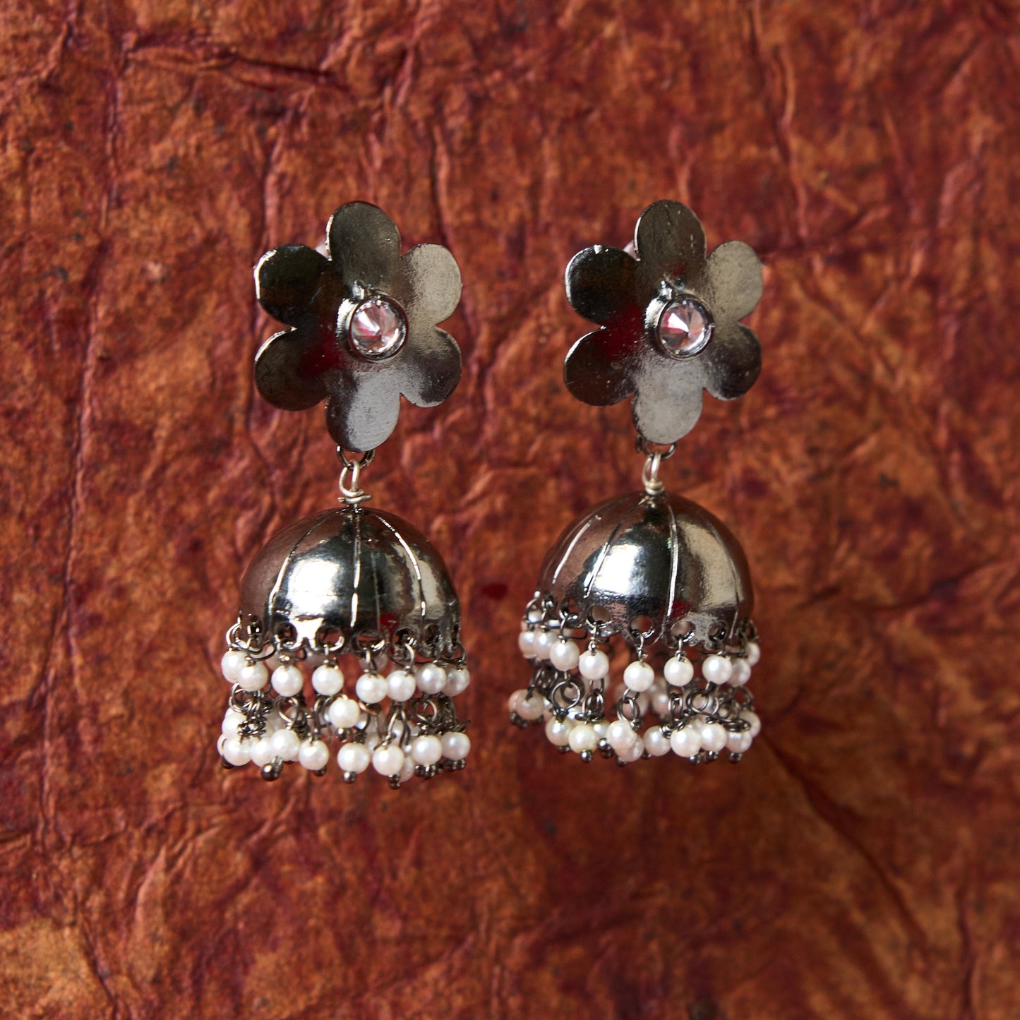 Moonstruck Traditional Indian Dome Shaped Floral Lightweight Oxidised Jhumka/Jhumki Earrings With Pearls for Women (Oxidised) - www.MoonstruckINC.com