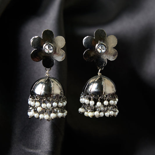 Moonstruck Traditional Indian Dome Shaped Floral Lightweight Oxidised Jhumka/Jhumki Earrings With Pearls for Women (Oxidised) - www.MoonstruckINC.com