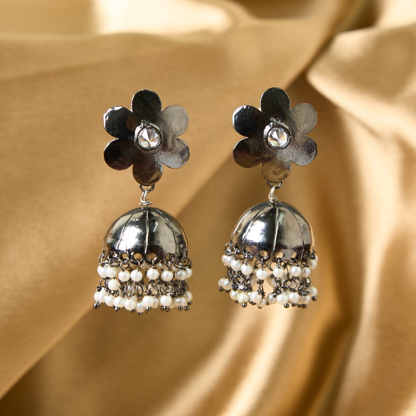 Moonstruck Traditional Indian Dome Shaped Floral Lightweight Oxidised Jhumka/Jhumki Earrings With Pearls for Women (Oxidised) - www.MoonstruckINC.com