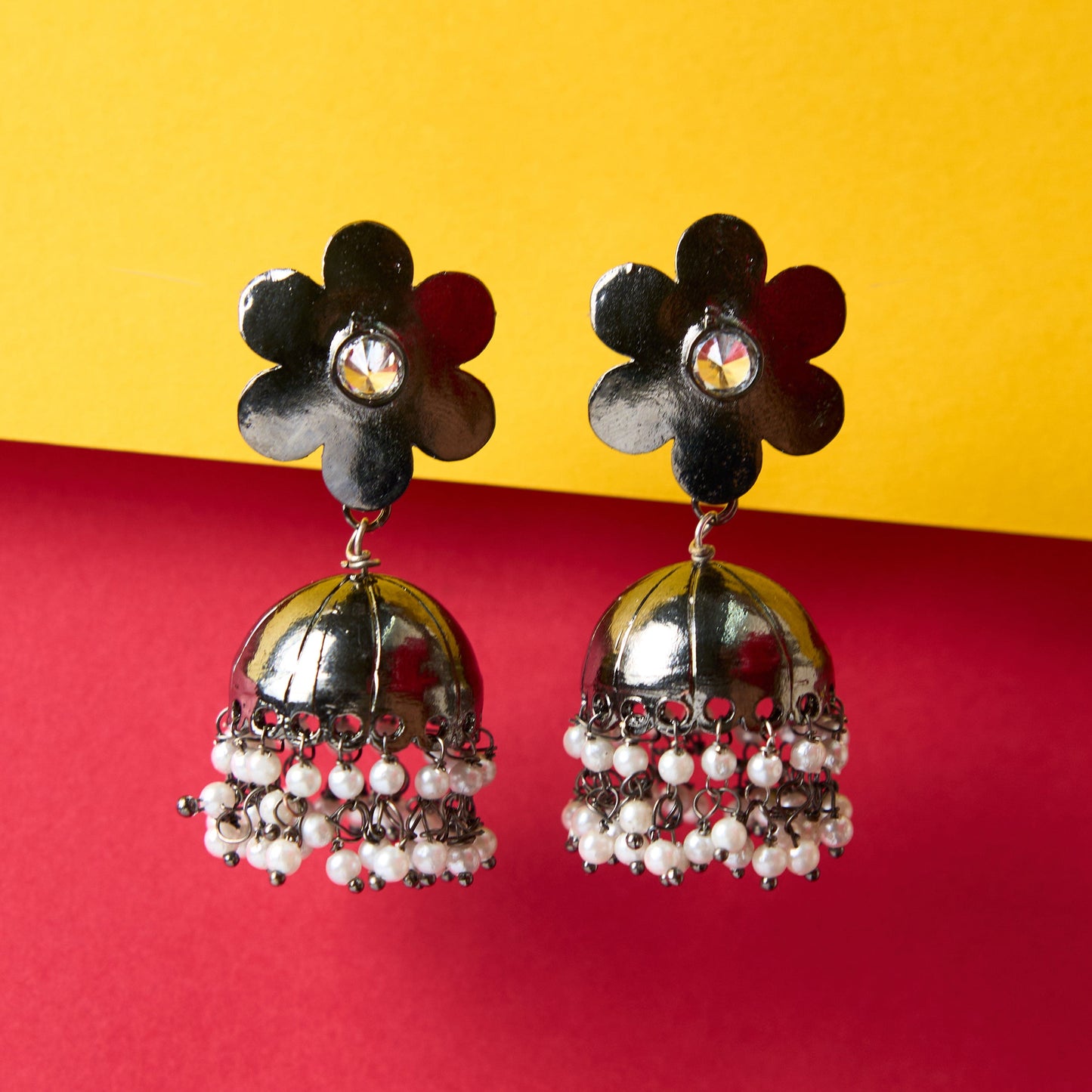 Moonstruck Traditional Indian Dome Shaped Floral Lightweight Oxidised Jhumka/Jhumki Earrings With Pearls for Women (Oxidised) - www.MoonstruckINC.com