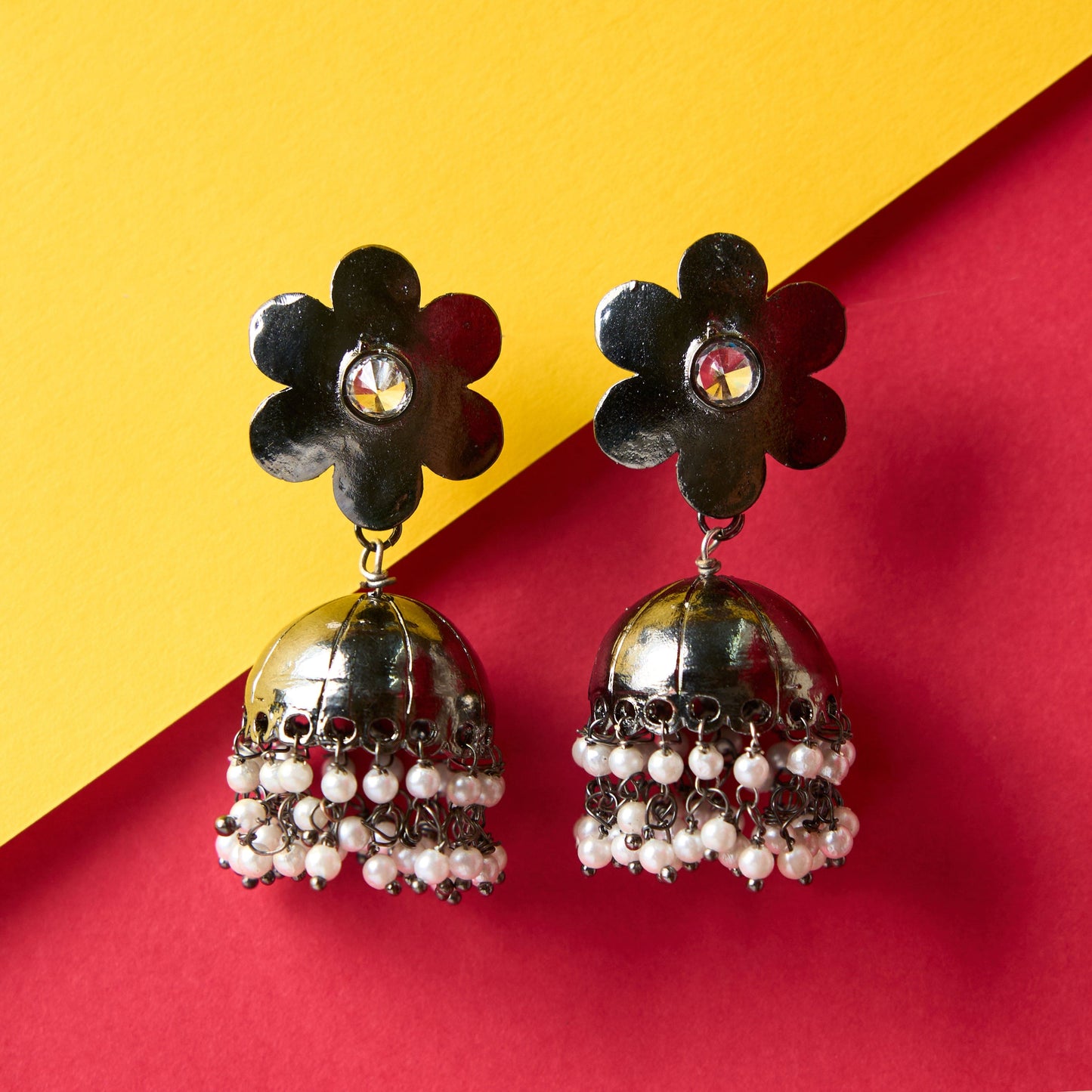 Moonstruck Traditional Indian Dome Shaped Floral Lightweight Oxidised Jhumka/Jhumki Earrings With Pearls for Women (Oxidised) - www.MoonstruckINC.com