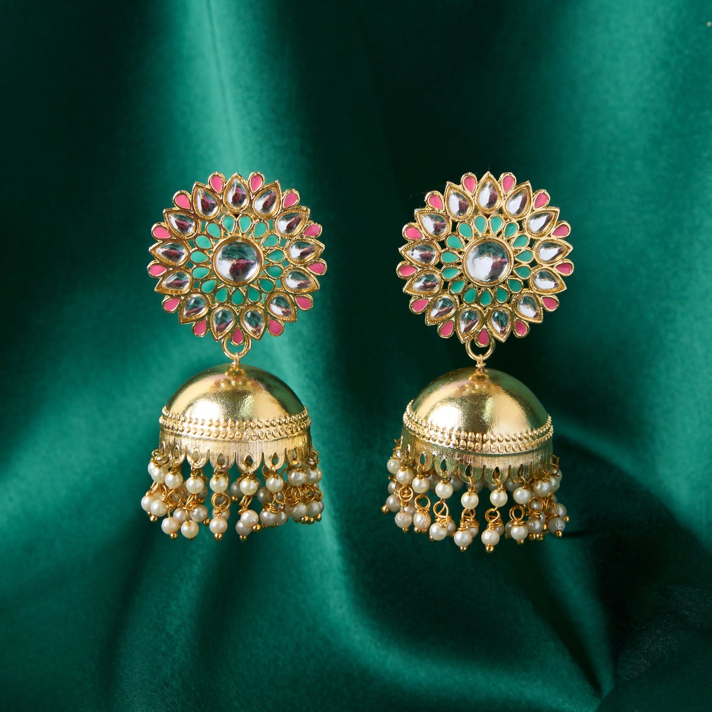 Moonstruck Traditional Inidian Golden Jhumka/Jhumki Earrings With Pearls for Women (Green, Pink) - www.MoonstruckINC.com