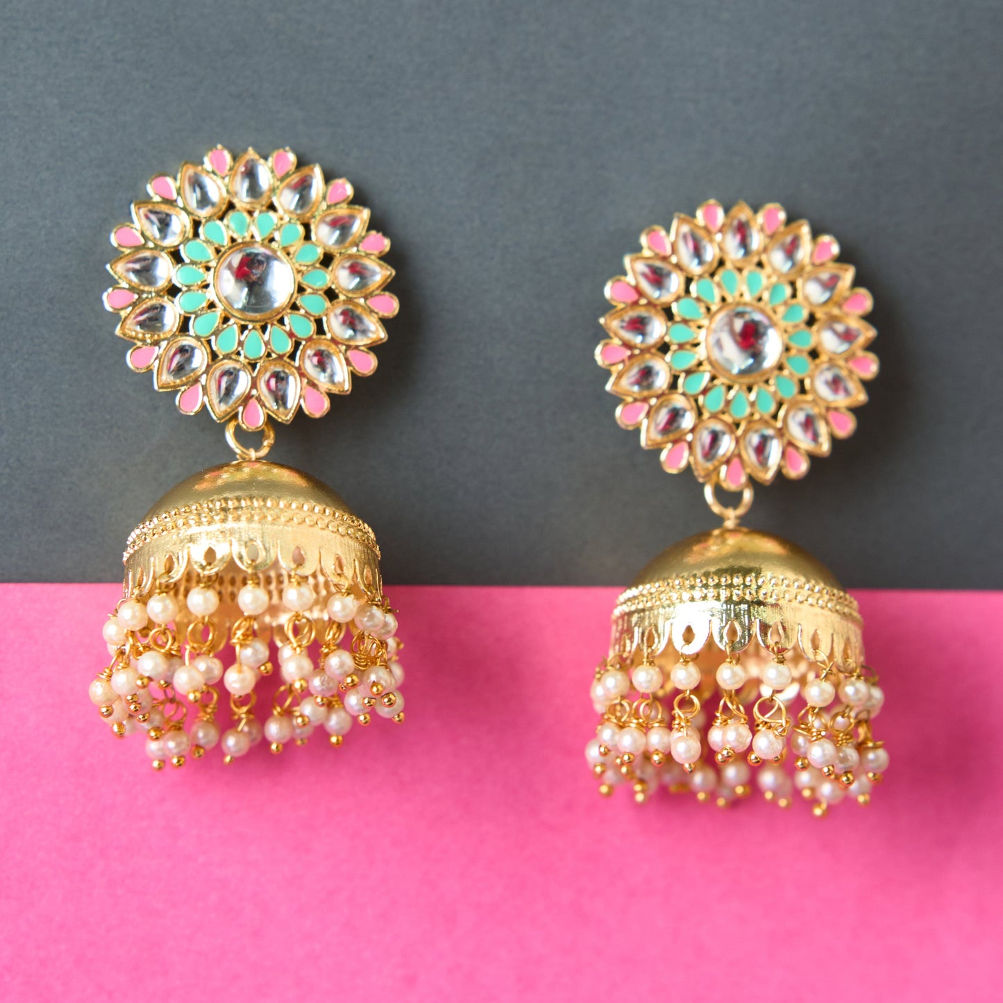 Moonstruck Traditional Inidian Golden Jhumka/Jhumki Earrings With Pearls for Women (Green, Pink) - www.MoonstruckINC.com