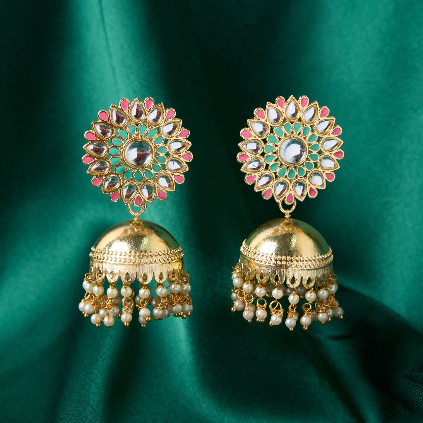 Moonstruck Traditional Inidian Golden Jhumka/Jhumki Earrings With Pearls for Women (Green, Pink) - www.MoonstruckINC.com
