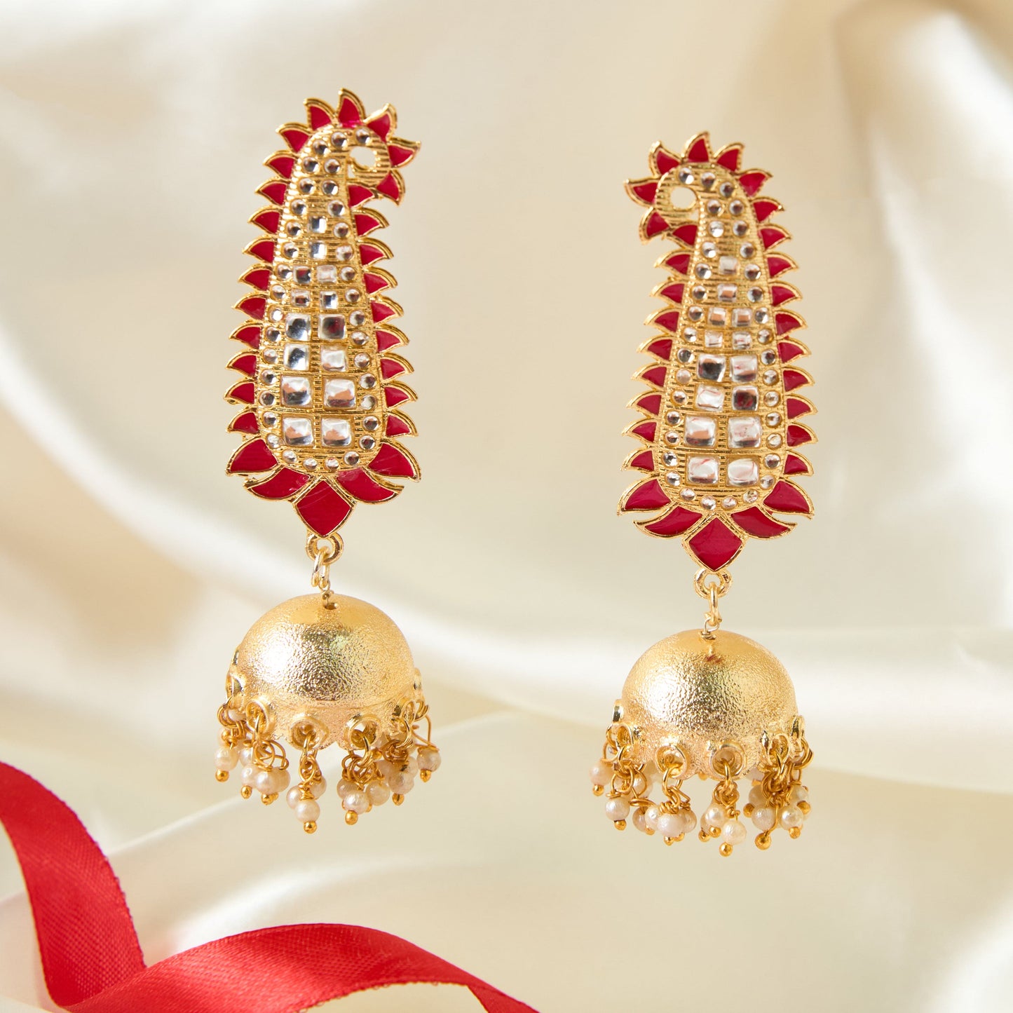Moonstruck Traditional Inidian Golden Paisley Jhumka/Jhumki Earrings With Pearls for Women (Pink) - www.MoonstruckINC.com