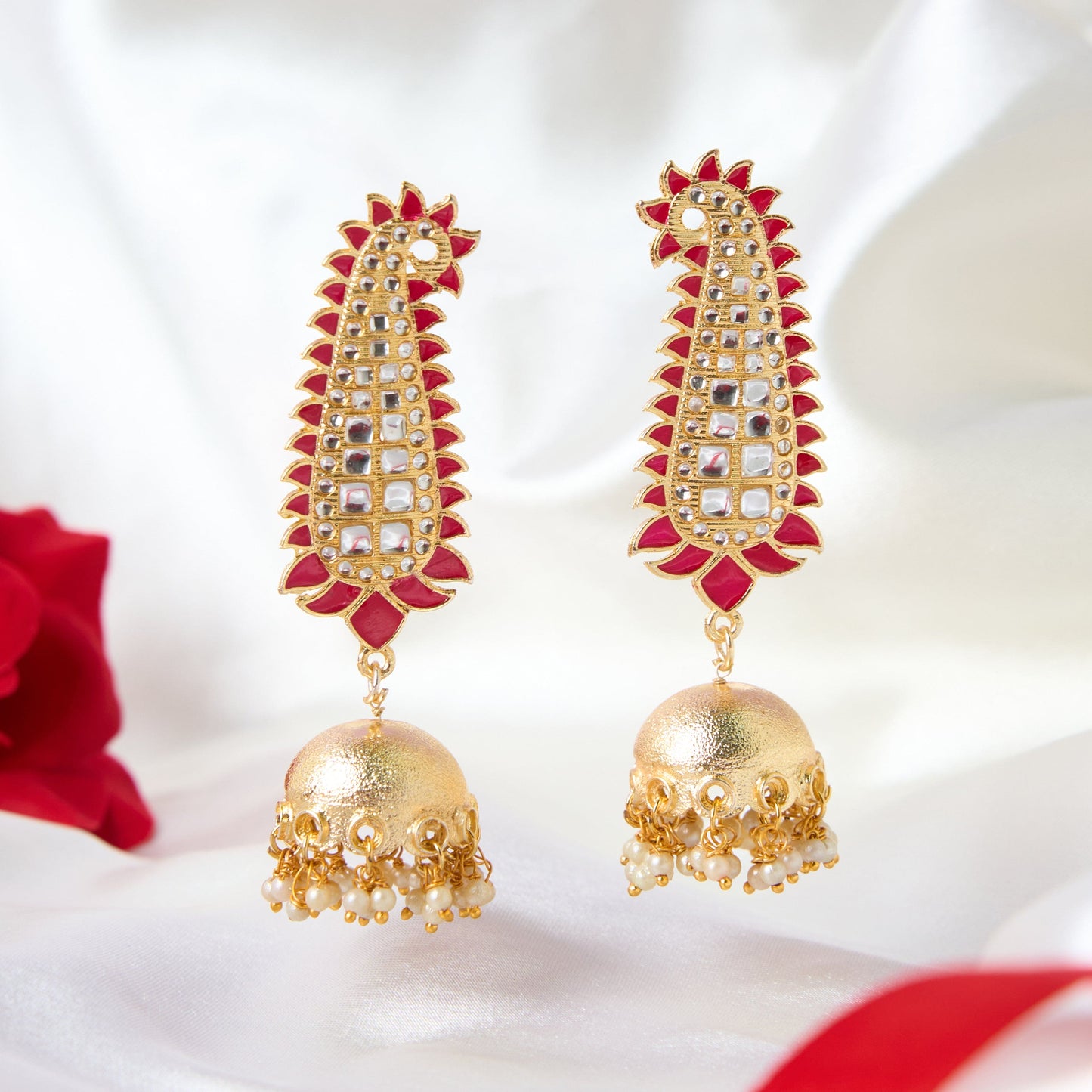Moonstruck Traditional Inidian Golden Paisley Jhumka/Jhumki Earrings With Pearls for Women (Pink) - www.MoonstruckINC.com