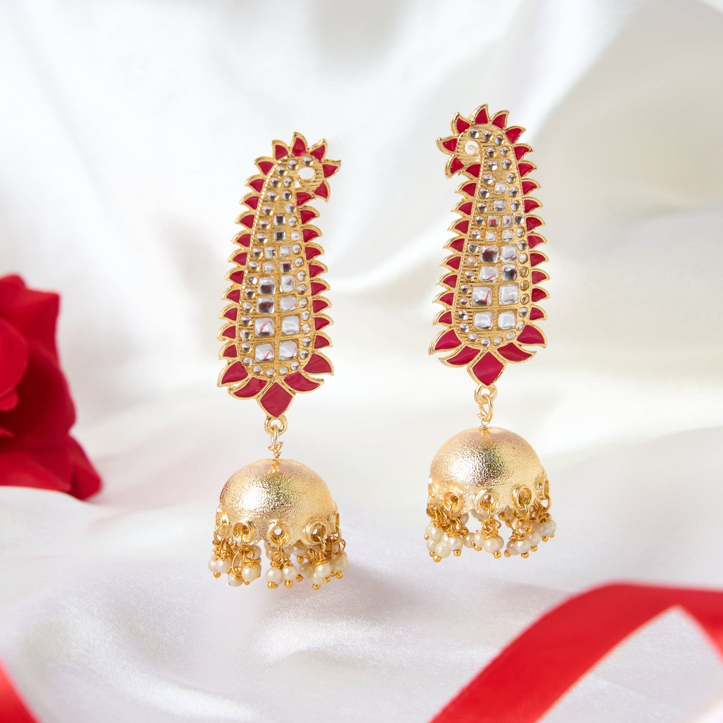 Moonstruck Traditional Inidian Golden Paisley Jhumka/Jhumki Earrings With Pearls for Women (Pink) - www.MoonstruckINC.com