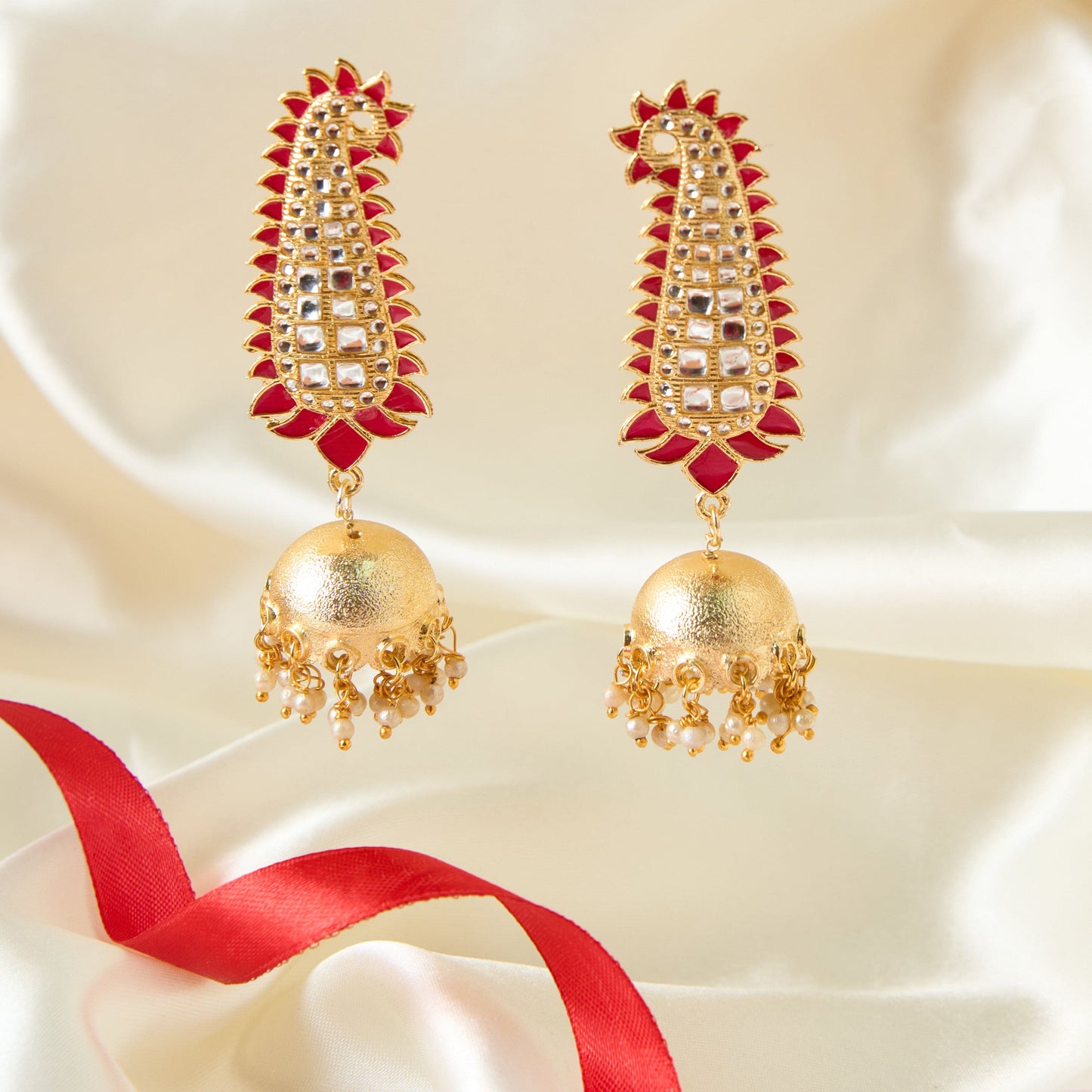 Moonstruck Traditional Inidian Golden Paisley Jhumka/Jhumki Earrings With Pearls for Women (Pink) - www.MoonstruckINC.com