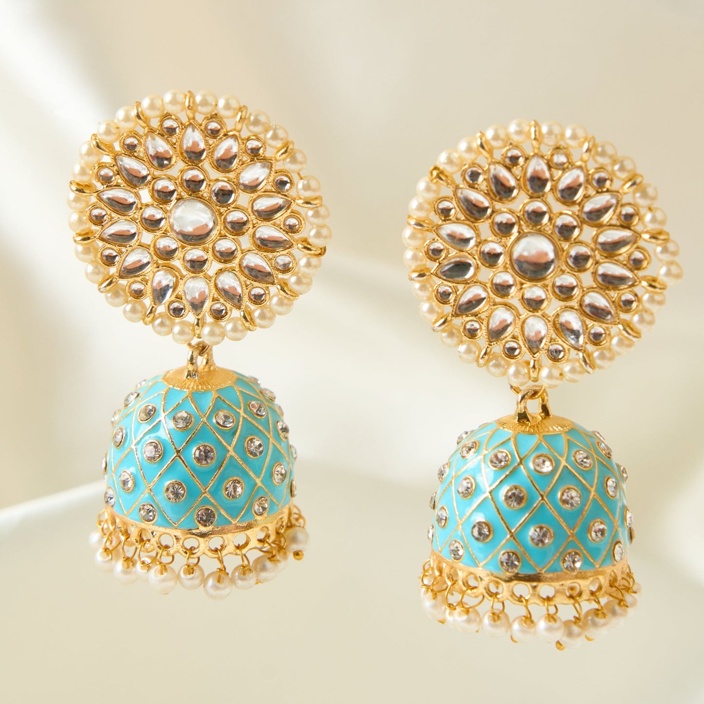 Moonstruck Traditional Inidian Golden Meenakari Jhumka/Jhumki Earrings With Pearls for Women (Blue) - www.MoonstruckINC.com